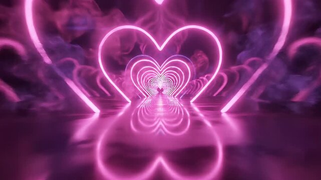 Neon Pink Heart Tunnel with Smoke - This video features an infinite loop of neon pink heart-shaped tunnels with a reflective floor and faint smoke.