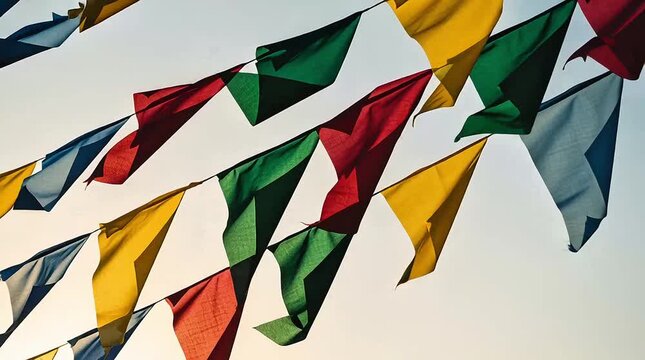 Colorful triangular prayer flags blowing gently in the wind against a serene sky background outdoors