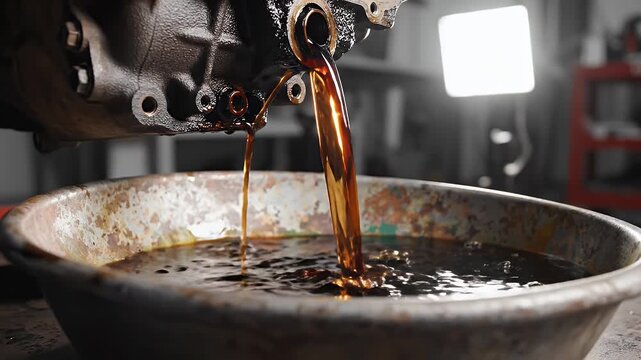 Draining Engine Oil into a Container - Used engine oil pours from an engine block into a rusty metal container.