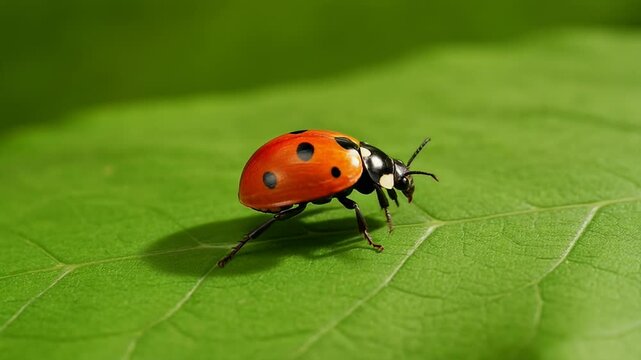 Ladybug resting on a vibrant green leaf in natural sunlight macro shot
