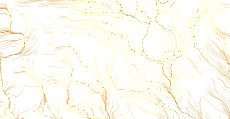 Obraz premium Abstract artwork featuring flowing lines and scattered points in shades of yellow and brown, evoking a sense of movement