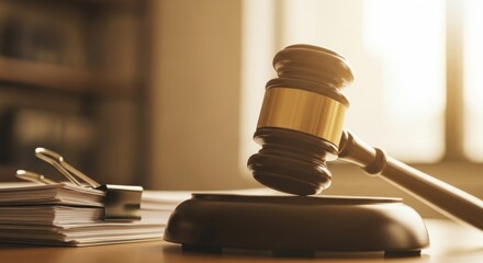 Obraz premium A gavel resting on a desk with law books in the background symbolizing justice and legal proceedings