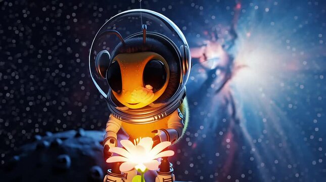 Cartoon bee astronaut in spacesuit gently touching glowing flower on distant planet in outer space surroundings.