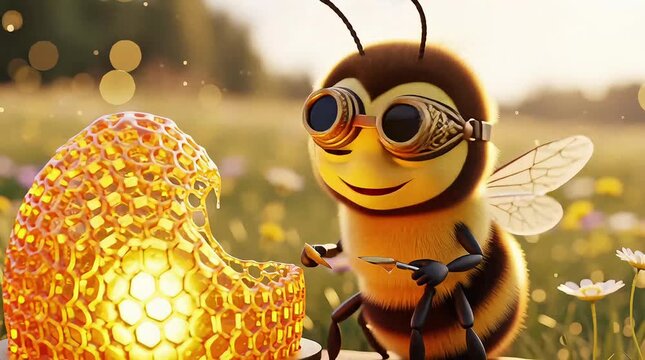 Whimsical bee artist wearing goggles creates masterpiece from honeycomb in a vibrant sunny meadow setting freely