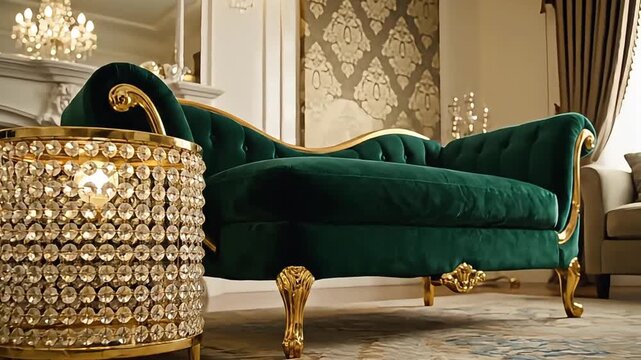 Luxurious green velvet sofa with gold accents in an elegant living room interior with ornate decor and soft lighting