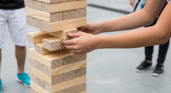 Person playing jenga game with wooden blocks requiring strategy and physical skill for success