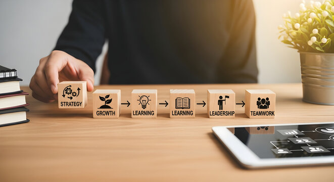 Business strategy and growth through learning leadership and effective teamwork for success achievement always