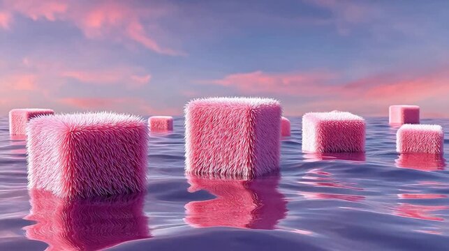 Pink fuzzy cubes in water