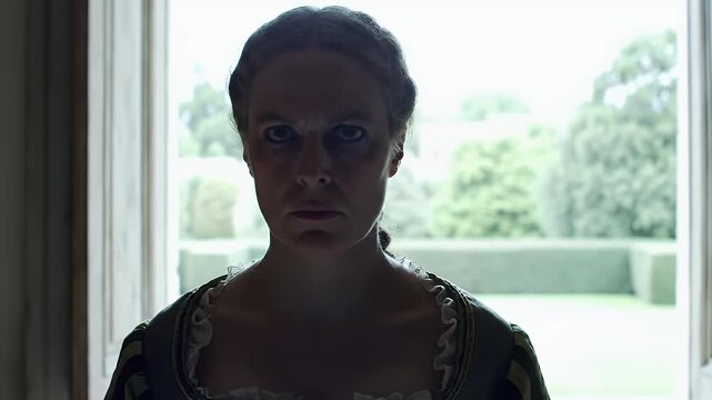 Intense portrait of a woman in historical dress framed by a doorway with a lush garden view evoking mystery suspense and gothic drama for editorial use