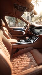 Fototapeta premium Luxurious automobile interior features rich brown leather upholstery and bright sunlight streaming through the windows