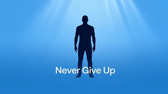 Silhouette of a determined person standing within a blue abstract shape, illuminated by bright spotlights, with the empowering text 'Never Give Up'.