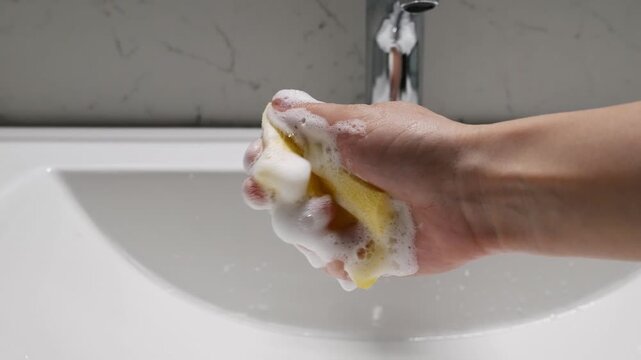 Close-up of a woman's hand pressing a sponge with detergent. Soap lather and squishing sound effect.