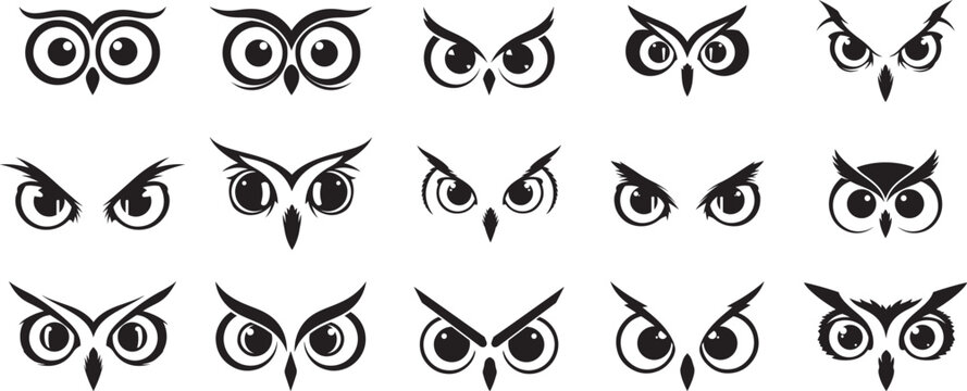A silhouette of stylized cute owl eye collection, different shapes, vector art.