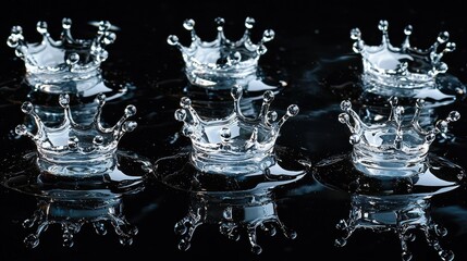 Splash crown droplet multiple water formations captured simultaneously on black reflective surface with dramatic studio lighting and precise macro detail