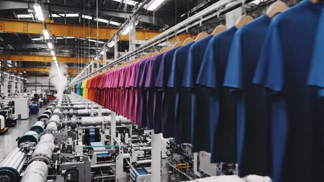 Colorful t-shirts moving on a conveyor belt in a modern textile manufacturing factory