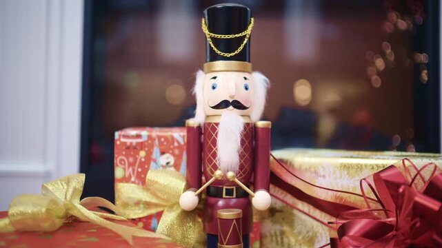 Close up of a traditional nutcracker Christmas figurine surrounded by wrapped gifts