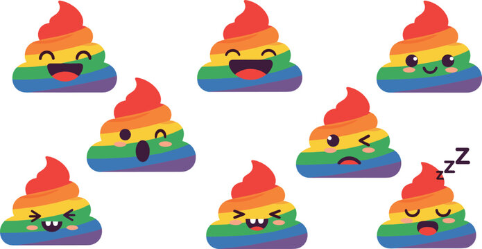 Rainbow poop emoji cartoon icon set flat vector collection of funny colorful pile expressions isolated on light background