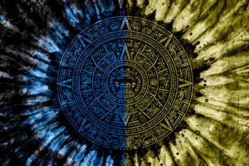 Vibrant Aztec Sun Stone Graphic with Blue-Yellow Tie-Dye Background Echoing Mexican Flag Colors and Bold Ethnic Patterns