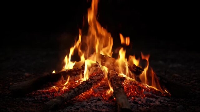 Vibrant campfire burning brightly in the dark - 4k video