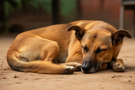 Serene Indian Pariah (Nadan) Dog Resting Peacefully on Earthy Ground - Calm Slumber in Natural Outdoor Setting