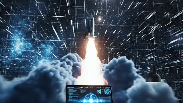 Rocket Launch Simulation on Laptop - This video shows a silver rocket launching amidst clouds and digital effects, superimposed as if viewed through a laptop screen displaying data and visualisations.