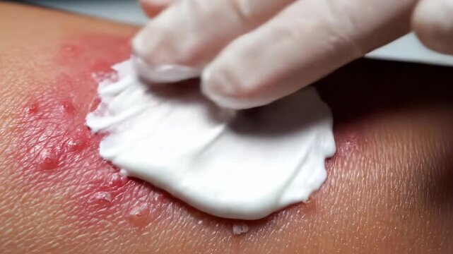 Skin Condition Treatment - Applying Cream to a Red, Blistered Rash.