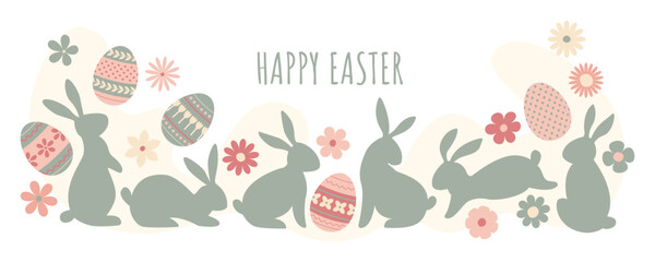 Naklejka premium Bunnies, daisy flowers and Easter eggs