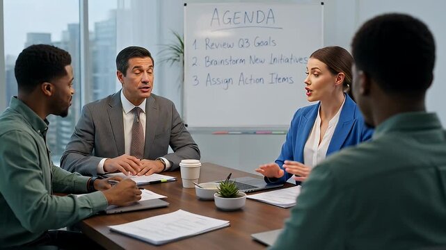 Diverse business team collaboratively strategizing during a dynamic board room meeting