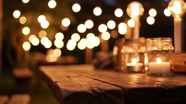 Rustic Table with Warm String Lights - This video shows a rustic wooden table with warm, blurred bokeh string lights in the background, creating a cozy and inviting atmosphere.