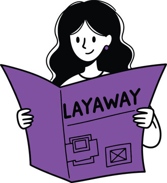 Convenient Shopping with Layaway Plan Illustration: Woman Browsing a Folder Displaying "Layaway" Options for Purchases.