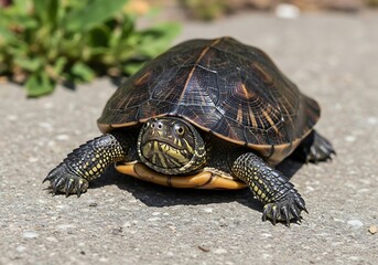Fototapeta premium A terrestrial turtle with a patterned shell walks on a paved surface.