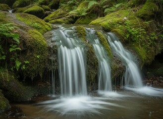 Obraz premium Lush Green Forest Waterfall Flowing Over Moss Covered Rocks in Soft Natural Light