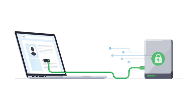 Secure data transfer between laptop and external device with encrypted connection ensuring safe online transactions and data protection always