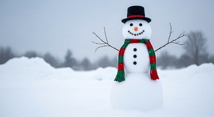 Fototapeta premium Snowman with black hat and striped scarf in winter snowfall.