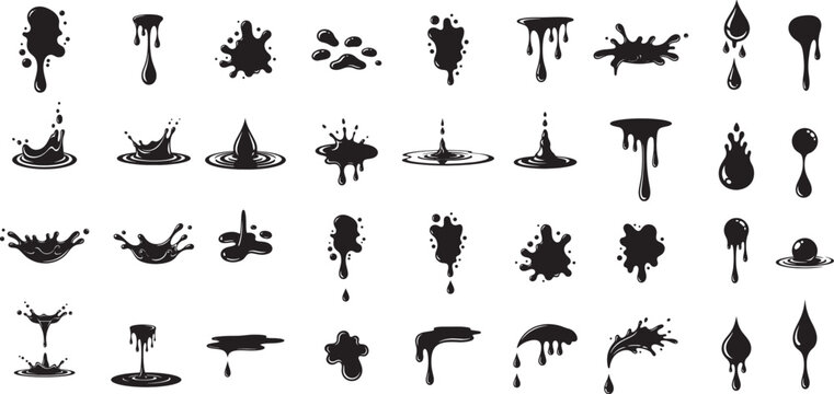 Featuring stylized Black water or ink splash icons silhouette design,  each splash displays a unique design water or ink splash vector art.