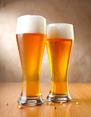 Two tall glasses of light amber-colored beer with frothy white foam sit on a polished wooden surface