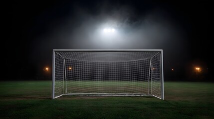 Fototapeta premium Illuminated empty soccer goal at night on a foggy sports field under a bright stadium spotlight
