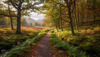 Obraz premium A serene dirt path winds through a forest with autumn foliage