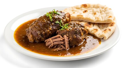 Delicious lamb curry with tender meat and naan bread on white plate