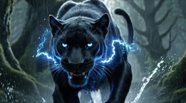 Victor as a mystical black panther, glowing blue aura, enchanted forest, magical particles floating, fantasy art.