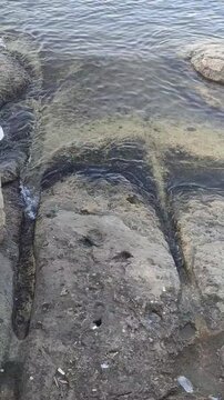 The cart ruts, ancient wonders, deeply carved limestone tracks that run underwater in St. George&rsquo;s Bay, Birżebbuġa city, Malta island