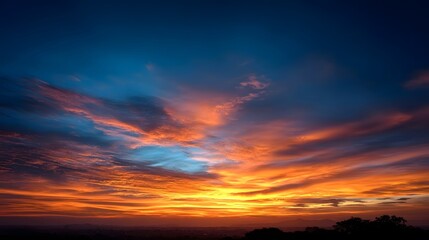 Fototapeta premium Dramatic sunset or sunrise sky with vibrant orange and blue clouds over silhouetted landscape
