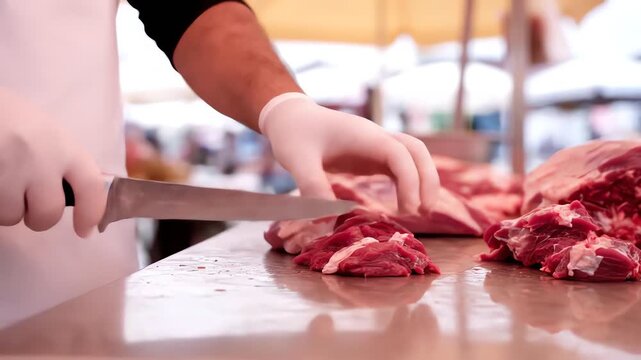 A focused butcher wearing white gloves expertly slices fresh red beef on a metal table during Idul Adha preparations.