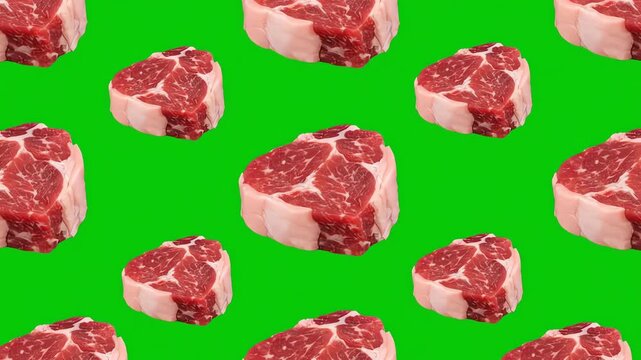 A vibrant animation featuring a repeating pattern of fresh raw beef cuts, perfect for Idul Adha or Qurban themed culinary content on a bright green background.