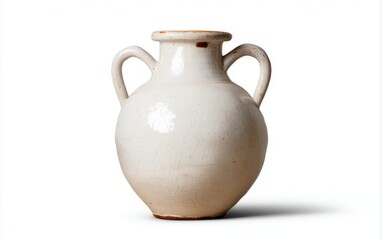 White Ceramic Amphora with Twin Handles and Neck