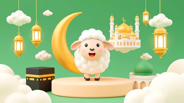 A cheerful 3D sheep celebrates Eid al-Adha amidst floating lanterns, a golden mosque, and the Kaaba. A festive and cute animation perfect for holiday greetings.