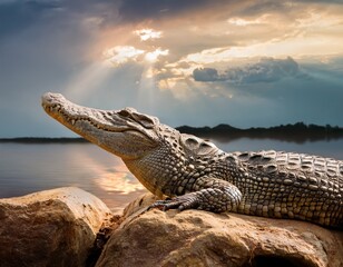 Obraz premium crocodile resting on rock near water under cloudy sky