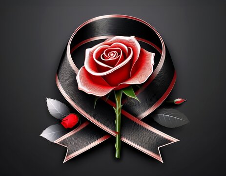 black ribbon and rose with luto oficial sign for mourning tribute 3d logo