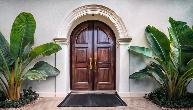 symmetrical tropical house entrance dark wood double doors beneath stucco arch banana plants on both sides black mat aligned perfectly clean minimal look