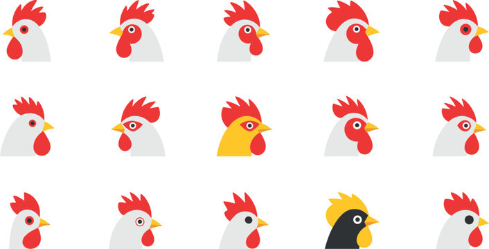 Rooster and chicken head cartoon icon set flat vector collection of farm poultry profiles isolated on light background